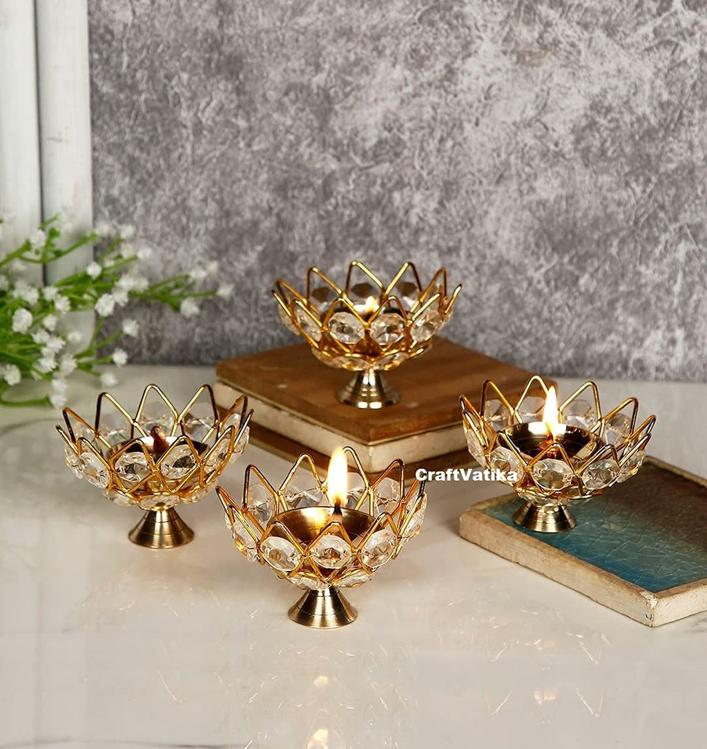 Crystal Brass Deep Jyoti Oil Lamp for Home (Pack of 4)