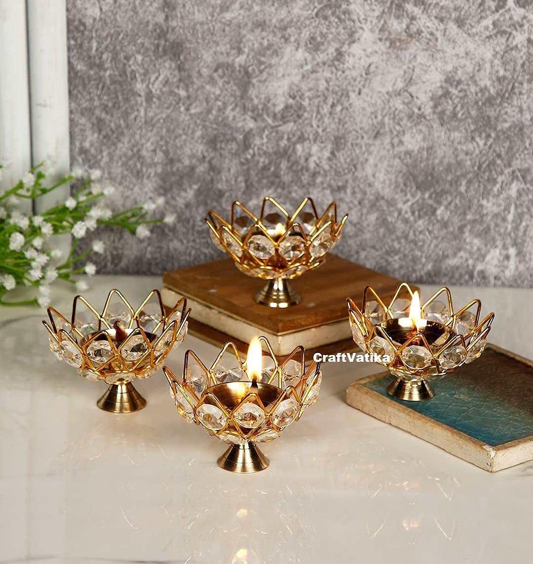Crystal Brass Deep Jyoti Oil Lamp for Home (Pack of 4)